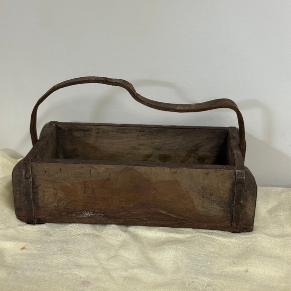 Other - Antique Primitive Wooden Tool Caddy Rustic Garden Trug Leather Handle Iron Strap